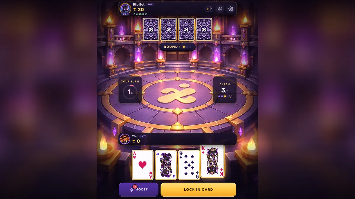 A Card Clash match: four cards in hand (Ace of hearts, Joker, 9 of clubs, King of diamonds) and the Lock In Card button