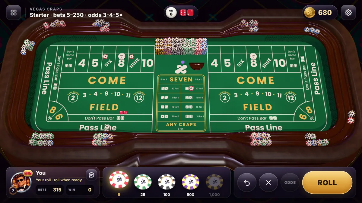 The Vegas Craps table with the point on 8 and chips on the pass line, place 6, place 9 and hard 8