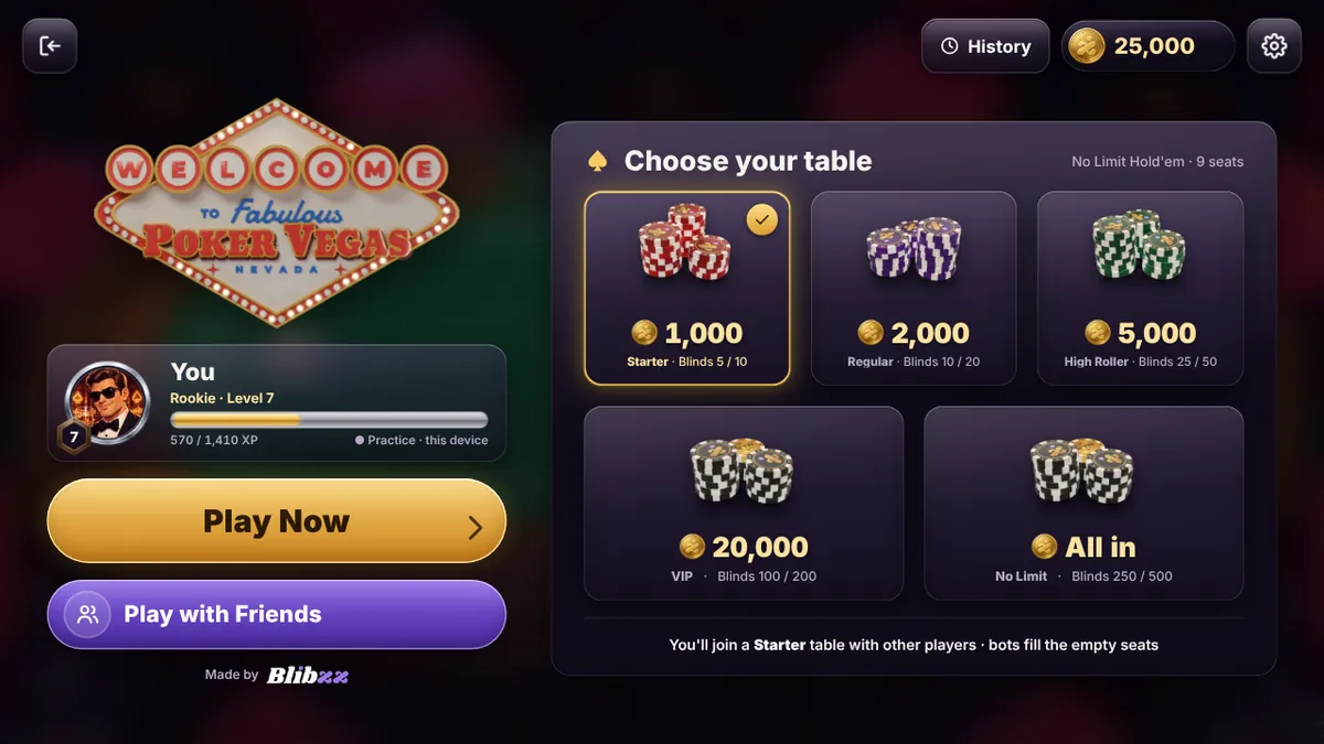 The Vegas Poker lobby with five tables from Starter to No Limit, and Play Now and Play with Friends buttons
