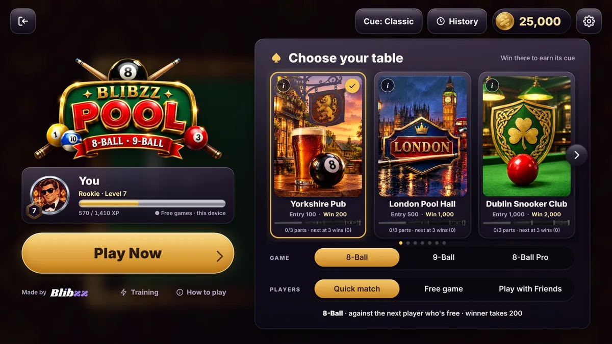 The Blibzz Pool lobby with venues from the Yorkshire Pub to the London Pool Hall and Dublin Snooker Club, and the Training button