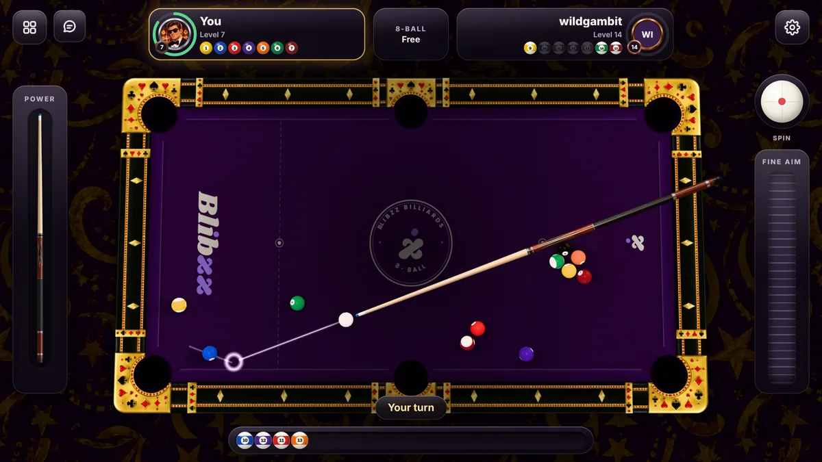 Blibzz Pool at the Las Vegas High Roller table, aiming the cue ball at the 2 with the guide line and ghost ball, the power bar and spin controls