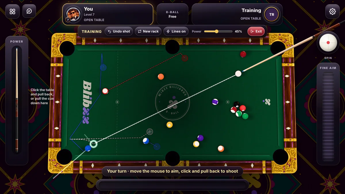 Blibzz Pool's Training mode drawing every ball's path and where it stops, before the shot