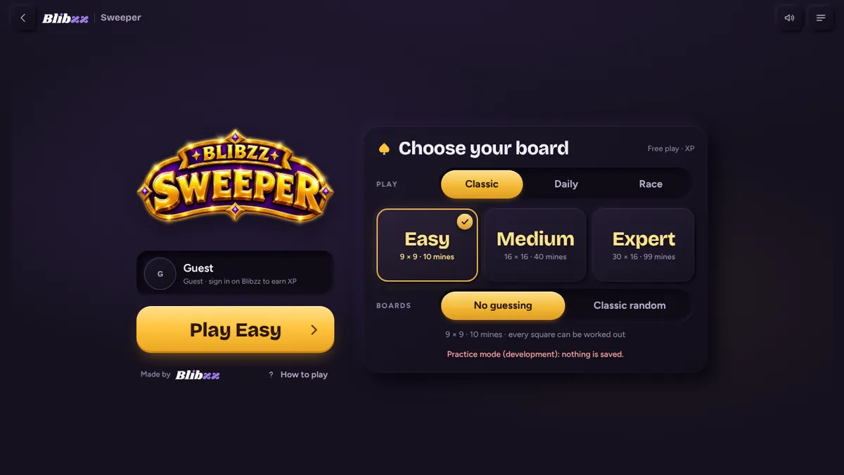 The Blibzz Sweeper lobby: Classic, Daily or Race, Easy, Medium or Expert, and no-guess boards