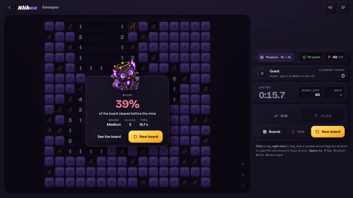 A lost Minesweeper board with the mines revealed and Blib dazed